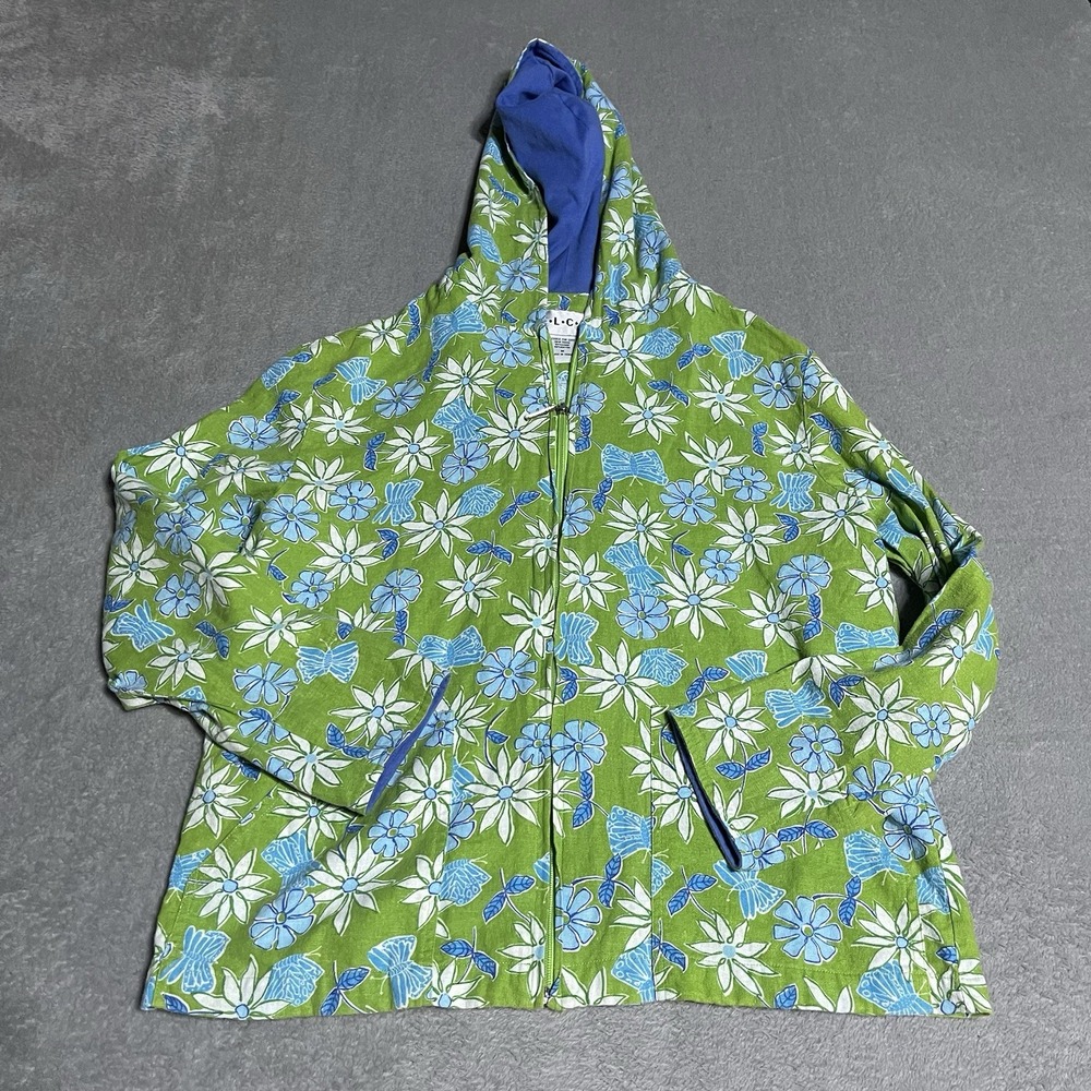 Vintage Linen‎ Jacket Womens Medium Green Floral Fairy Zip Up Hippie Boho